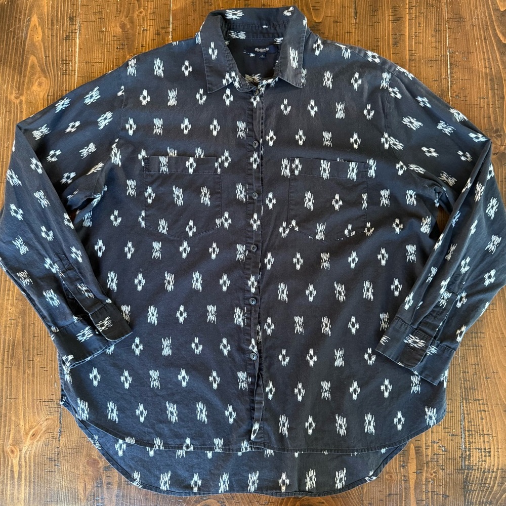 Madewell Button Down Top Black & White with Design Sz Medium EUC